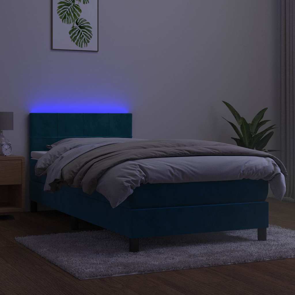 Krevet box spring s madracem LED tamnoplavi 90x190 cm baršun