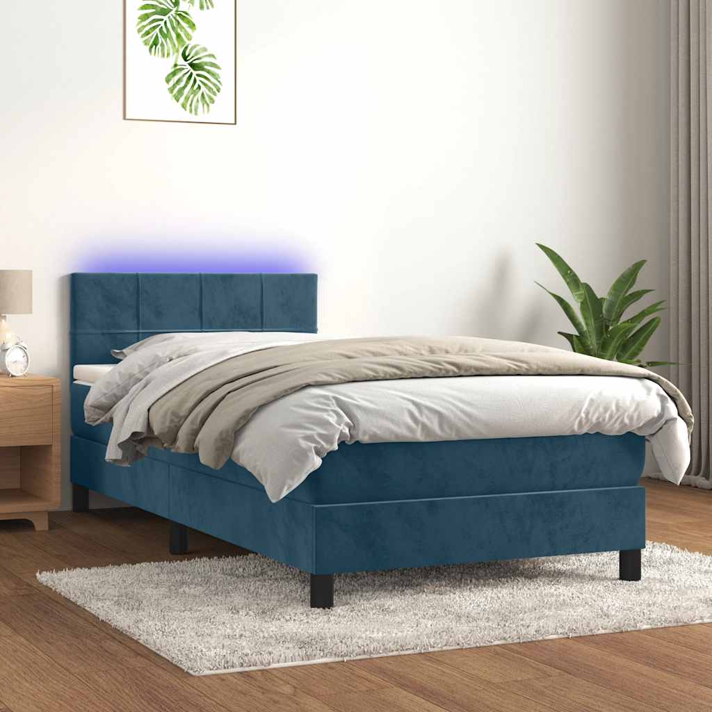 Krevet box spring s madracem LED tamnoplavi 90x190 cm baršun