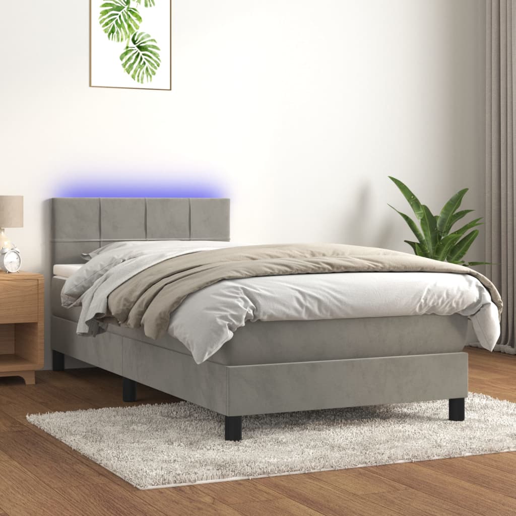 Krevet box spring s madracem LED svjetlosivi 90x200 cm baršun