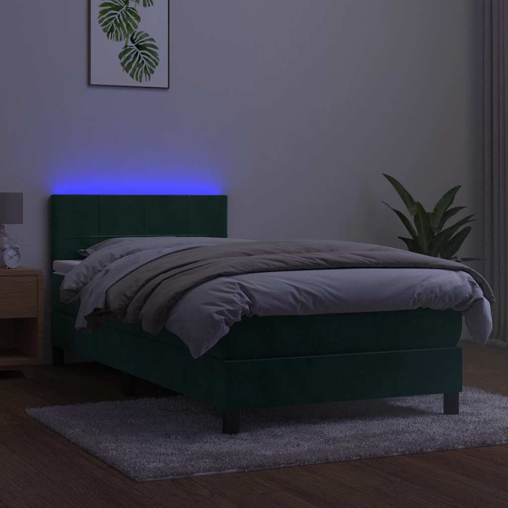 Krevet box spring s madracem LED tamnozeleni 100x200 cm baršun