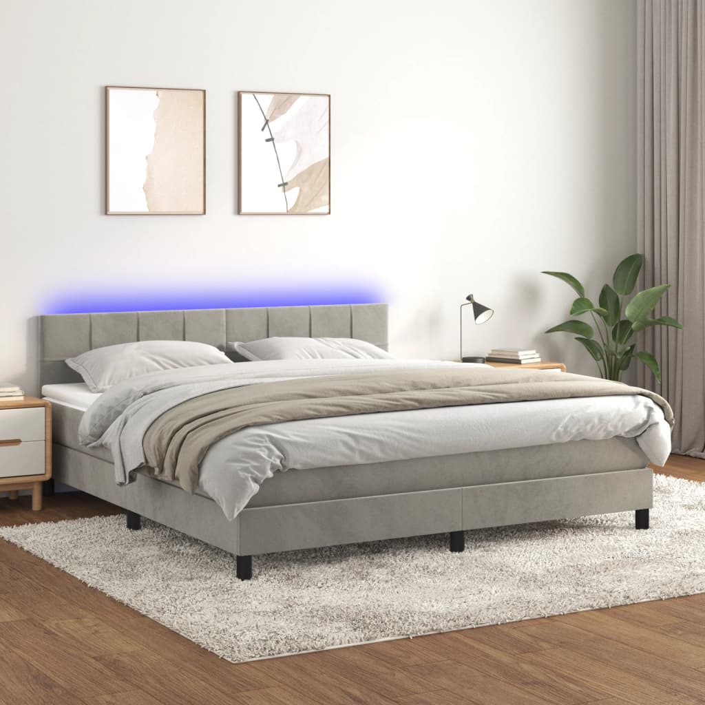 Krevet box spring s madracem LED svjetlosivi 160x200 cm baršun