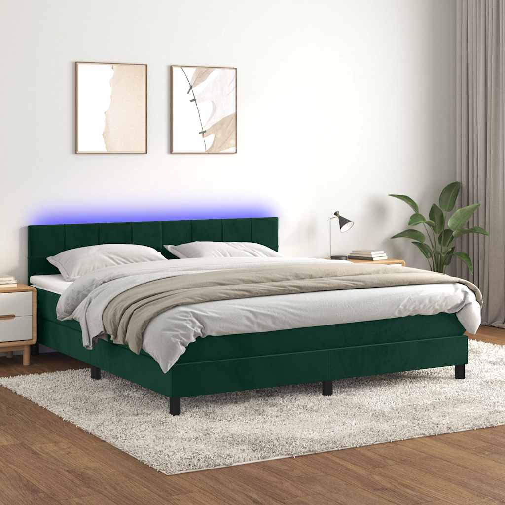 Krevet box spring s madracem LED tamnozeleni 160x200 cm baršun