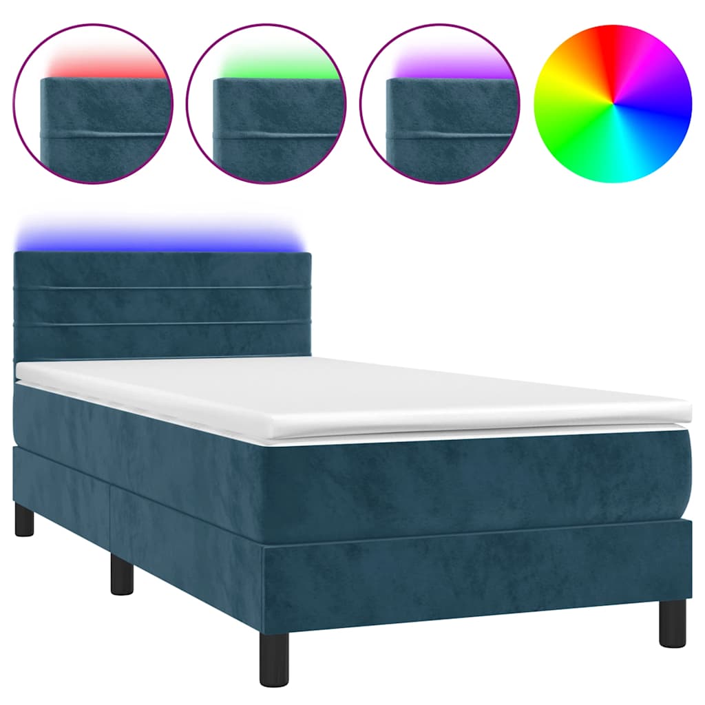 Krevet box spring s madracem LED tamnoplavi 80 x 200 cm baršun