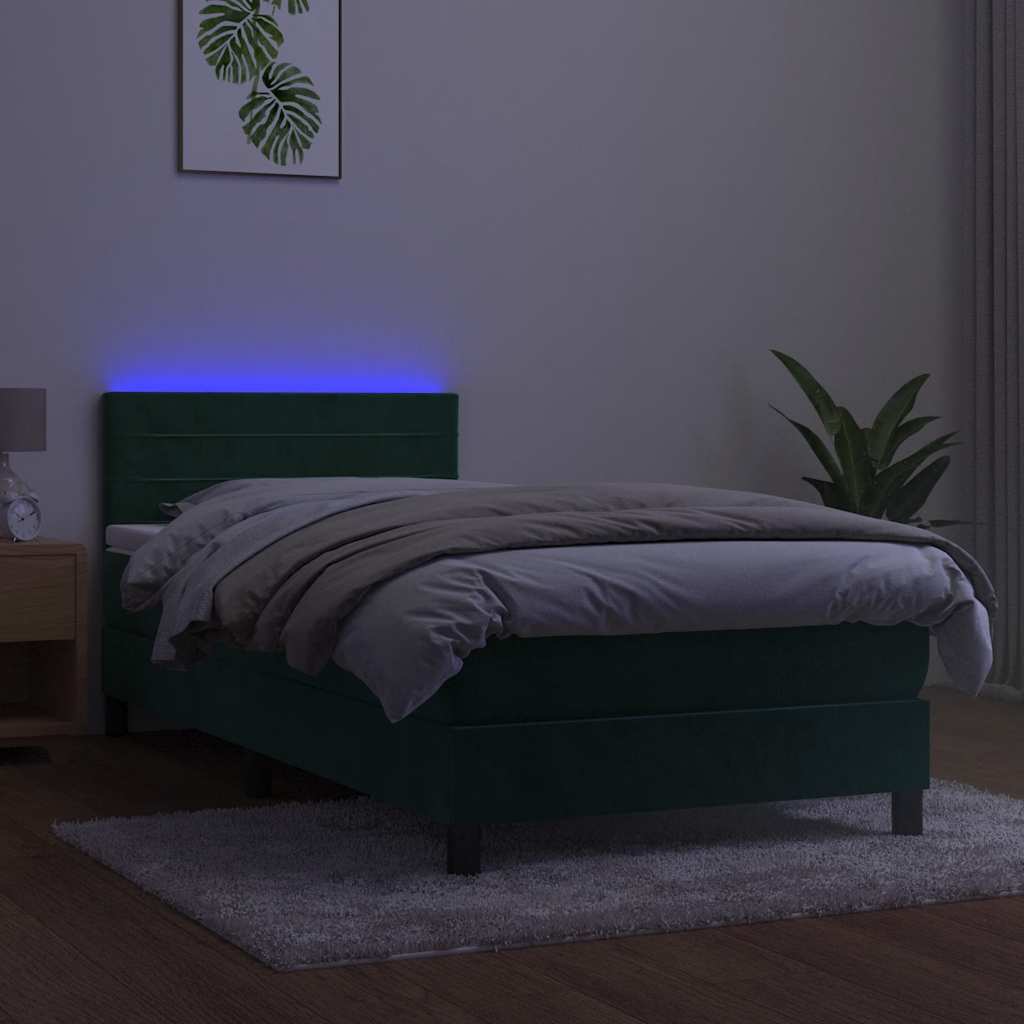 Krevet box spring s madracem LED tamnozeleni 90x190 cm baršun