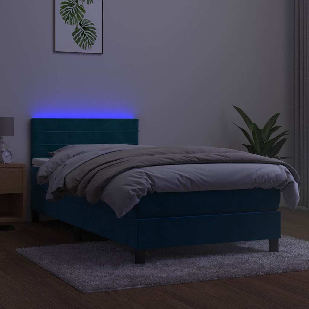 Krevet box spring s madracem LED tamnoplavi 90x190 cm baršun