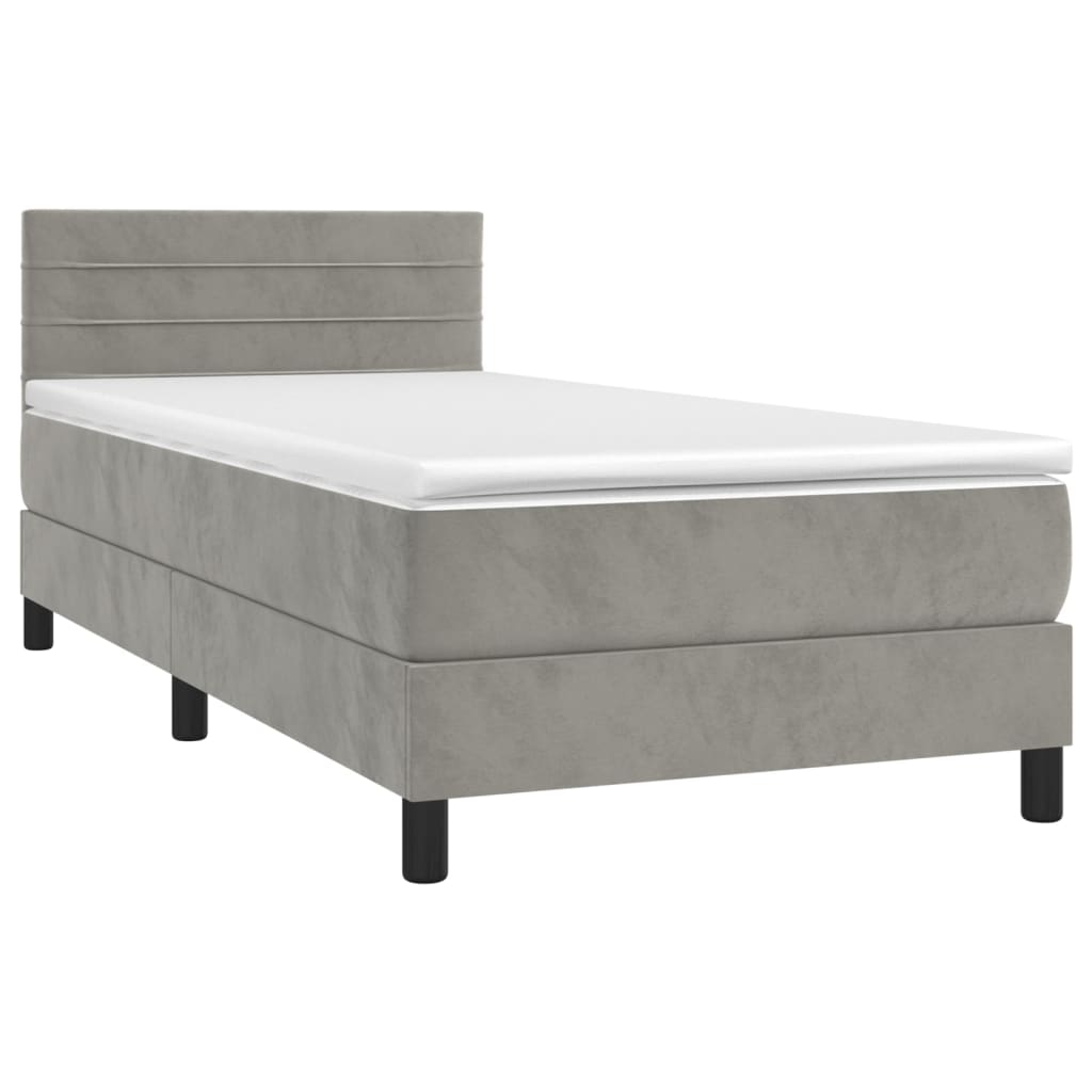Krevet box spring s madracem LED svjetlosivi 90x200 cm baršun