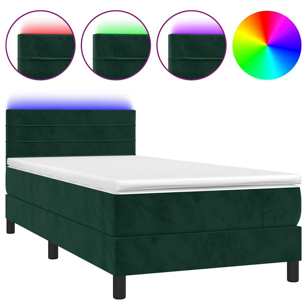 Krevet box spring s madracem LED tamnozeleni 90x200 cm baršun