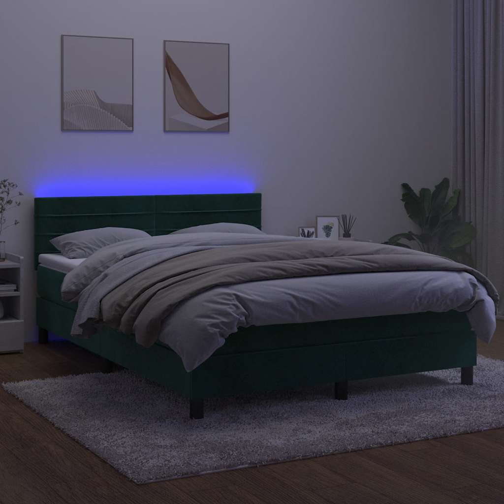 Krevet box spring s madracem LED tamnozeleni 140x200 cm baršun