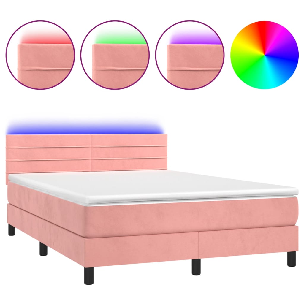 Krevet box spring s madracem LED ružičasti 140x200cm baršunasti
