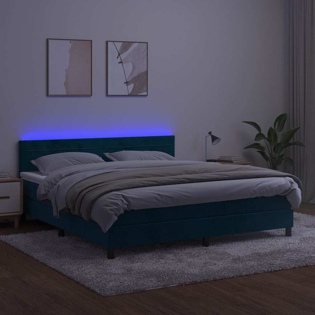 Krevet box spring s madracem LED tamnoplavi 160x200 cm baršun