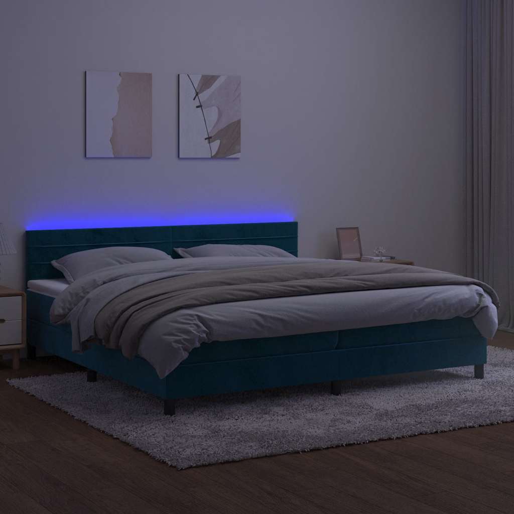 Krevet box spring s madracem LED tamnoplavi 200x200 cm baršun