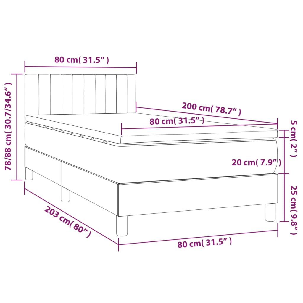 Krevet box spring s madracem LED svjetlosivi 80x200 cm baršun