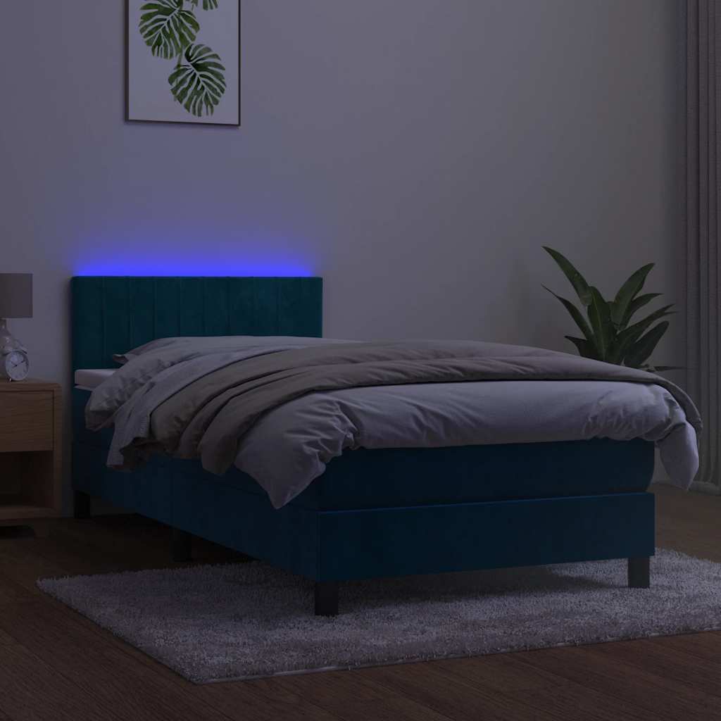 Krevet box spring s madracem LED tamnoplavi 80 x 200 cm baršun