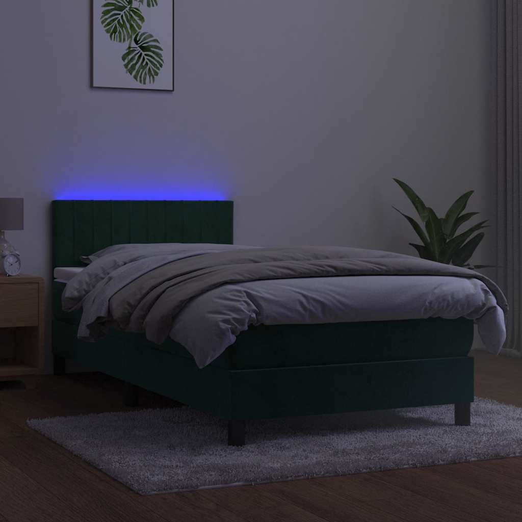 Krevet box spring s madracem LED tamnozeleni 90x190 cm baršun