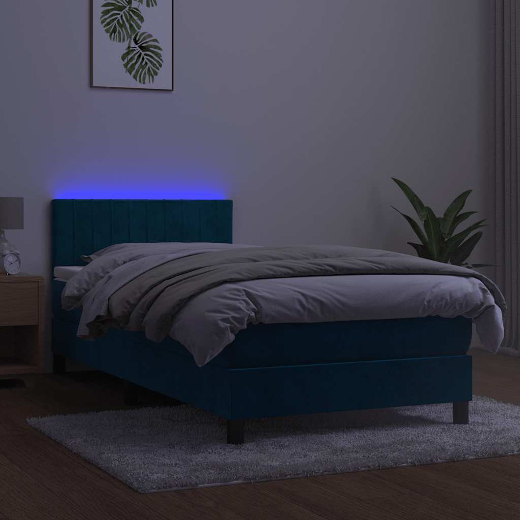 Krevet box spring s madracem LED tamnoplavi 90x190 cm baršun
