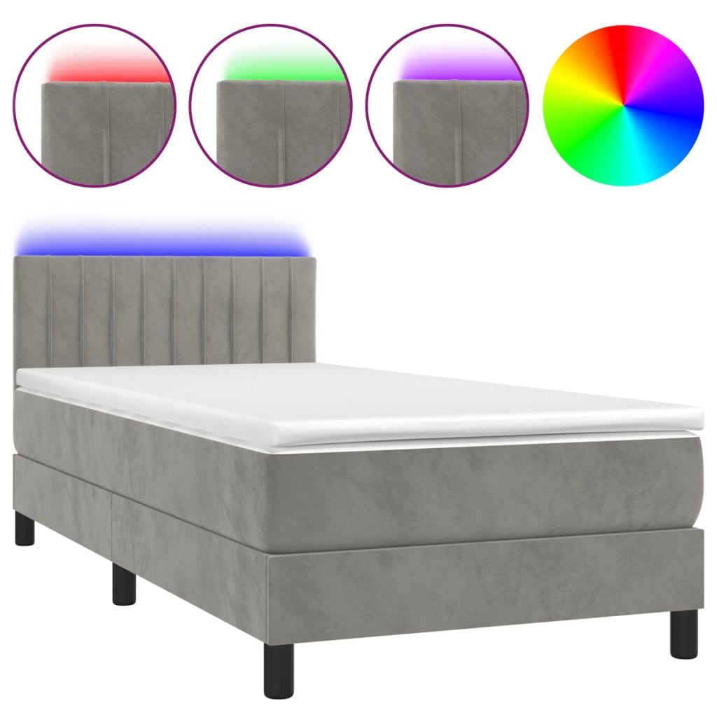 Krevet box spring s madracem LED svjetlosivi 90x200 cm baršun