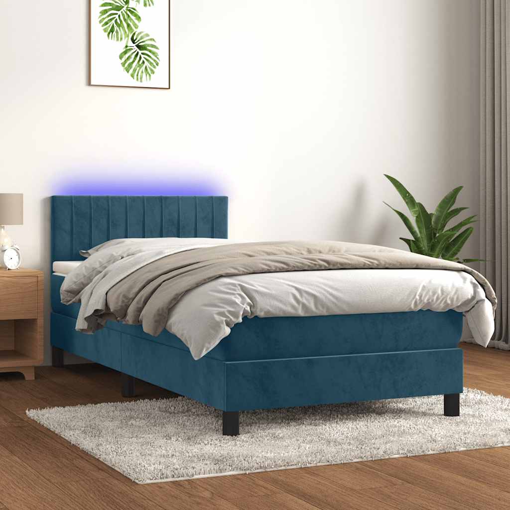 Krevet box spring s madracem LED tamnoplavi 90x200 cm baršun