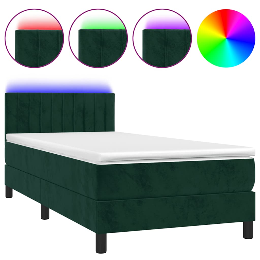 Krevet box spring s madracem LED tamnozeleni 100x200 cm baršun