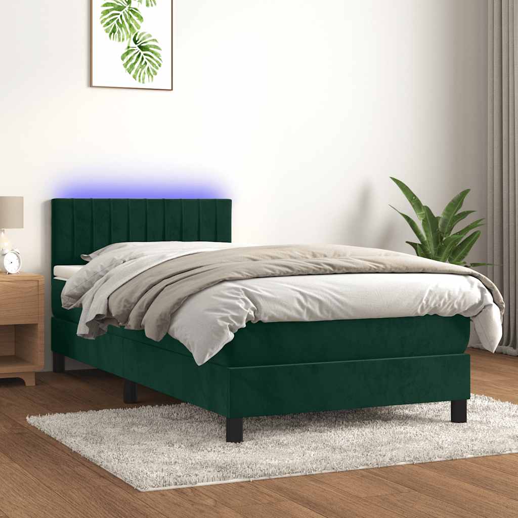Krevet box spring s madracem LED tamnozeleni 100x200 cm baršun