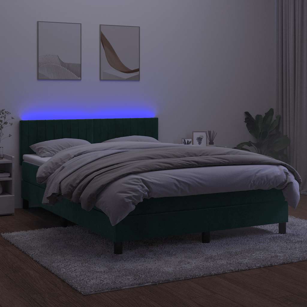 Krevet box spring s madracem LED tamnozeleni 140x190 cm baršun