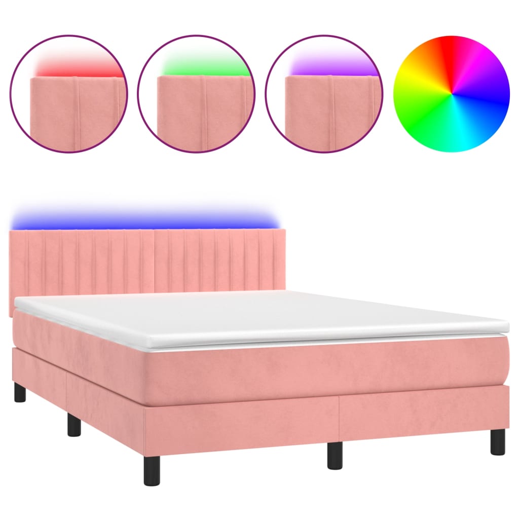 Krevet box spring s madracem LED ružičasti 140x190cm baršunasti