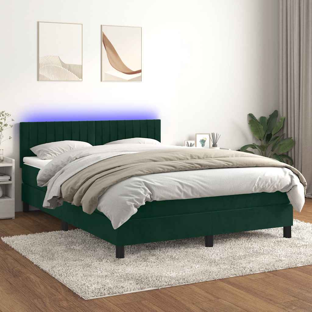 Krevet box spring s madracem LED tamnozeleni 140x200 cm baršun