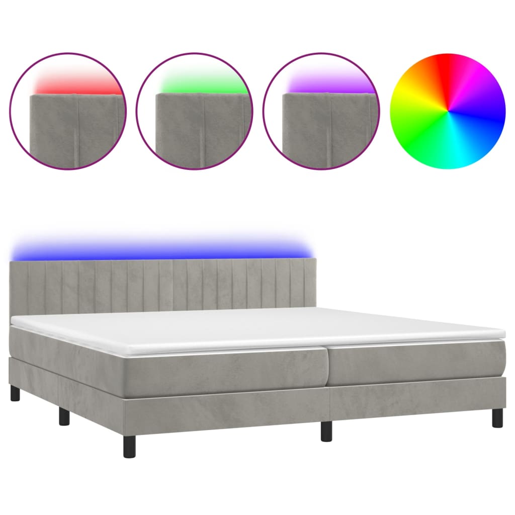 Krevet box spring s madracem LED svjetlosivi 200x200 cm baršun