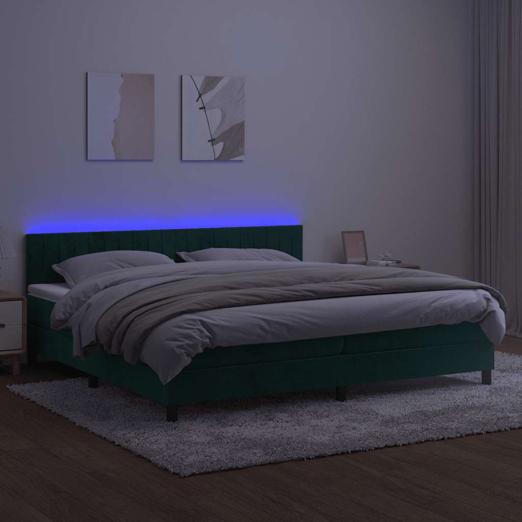 Krevet box spring s madracem LED tamnozeleni 200x200 cm baršun