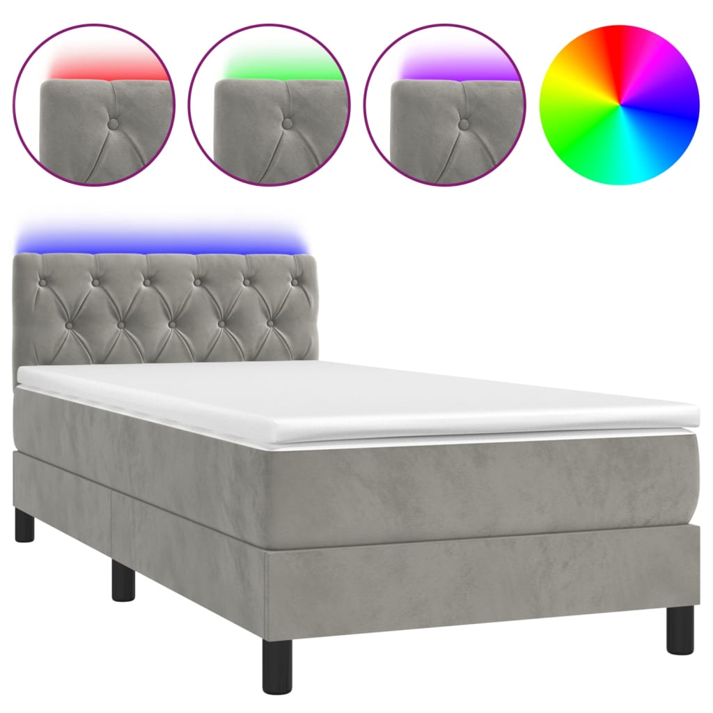 Krevet box spring s madracem LED svjetlosivi 80x200 cm baršun