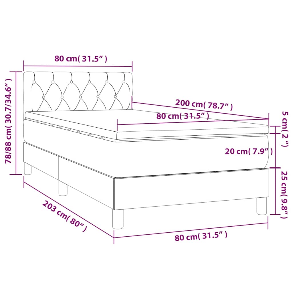 Krevet box spring s madracem LED svjetlosivi 80x200 cm baršun
