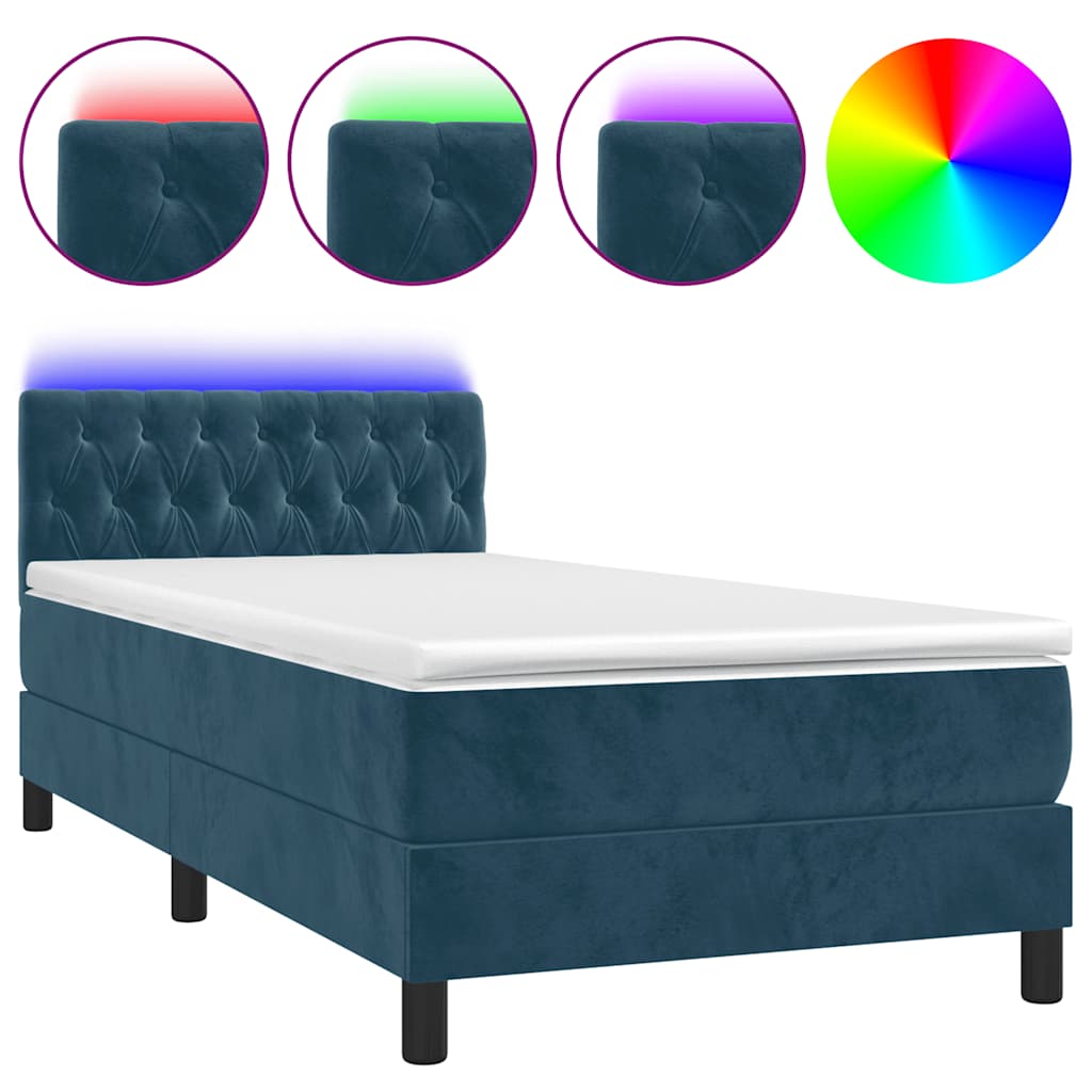Krevet box spring s madracem LED tamnoplavi 90x190 cm baršun