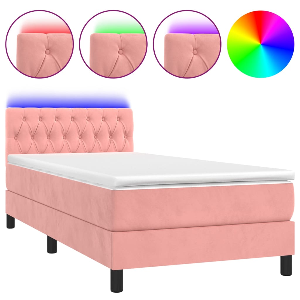 Krevet box spring s madracem LED ružičasti 90x190 cm baršunasti