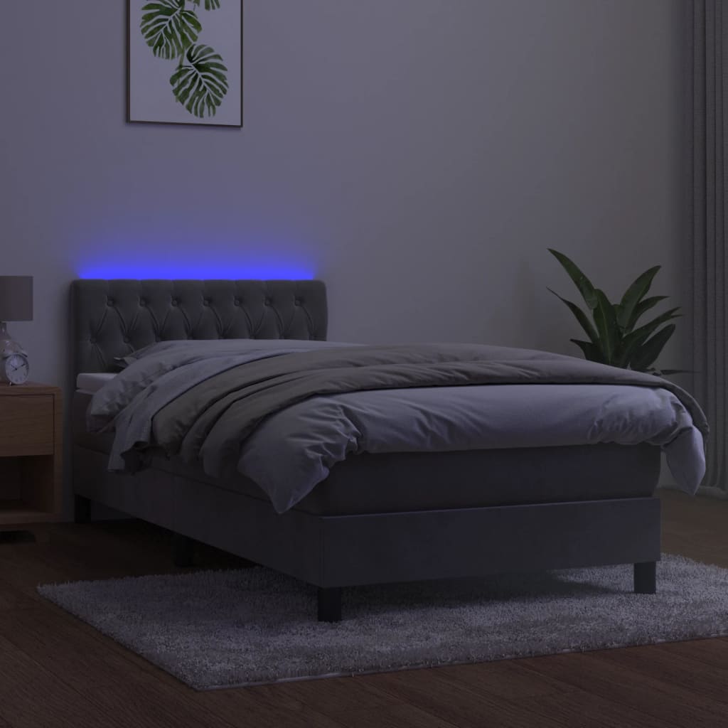 Krevet box spring s madracem LED svjetlosivi 90x200 cm baršun