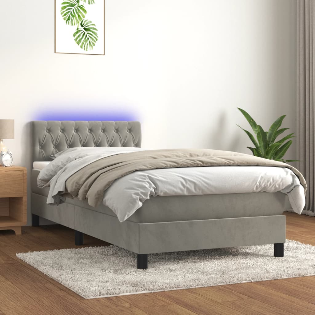 Krevet box spring s madracem LED svjetlosivi 90x200 cm baršun