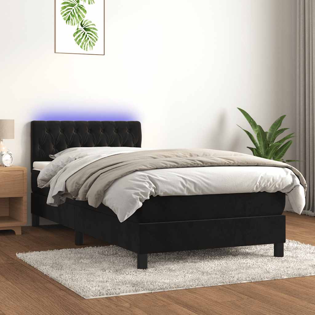 Krevet box spring s madracem LED crni 90x200 cm baršun