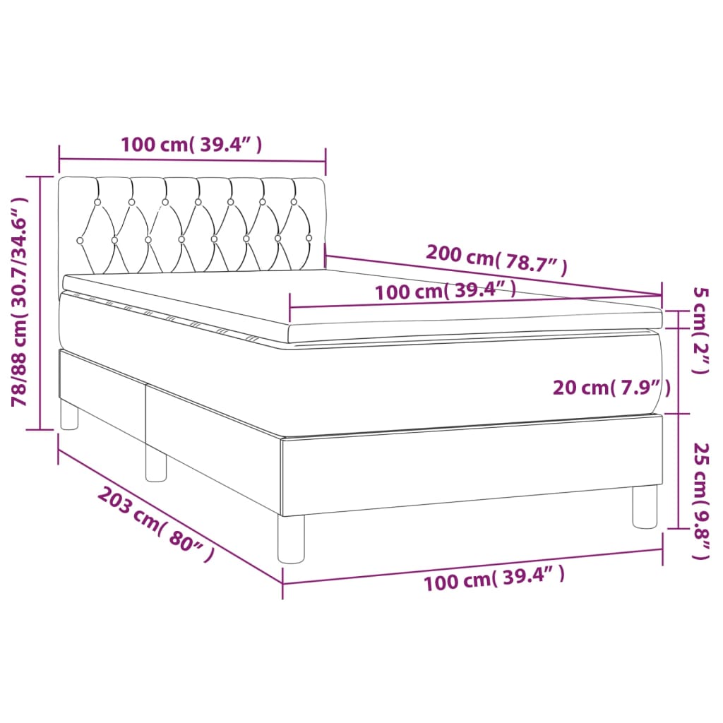 Krevet box spring s madracem LED tamnosivi 100x200 cm baršun