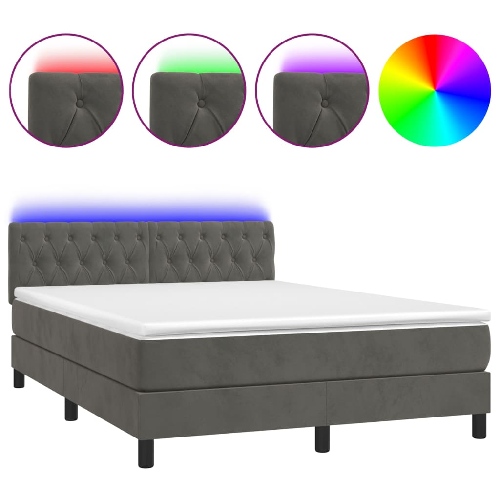 Krevet box spring s madracem LED tamnosivi 140x190 cm baršun