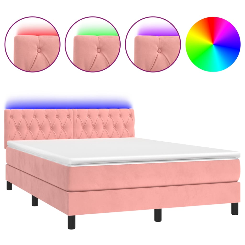 Krevet box spring s madracem LED ružičasti 140x190cm baršunasti