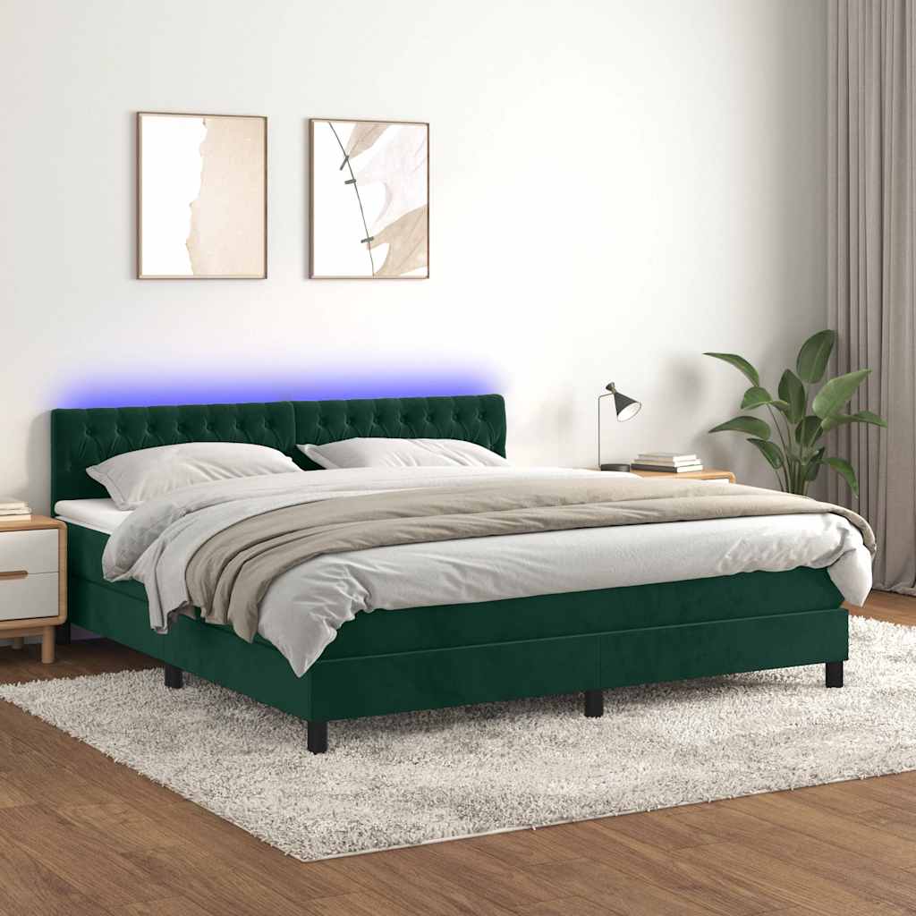 Krevet box spring s madracem LED tamnozeleni 160x200 cm baršun