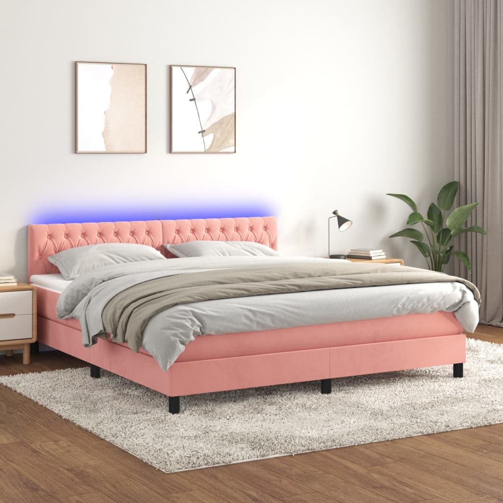 Krevet box spring s madracem LED ružičasti 160x200cm baršunasti
