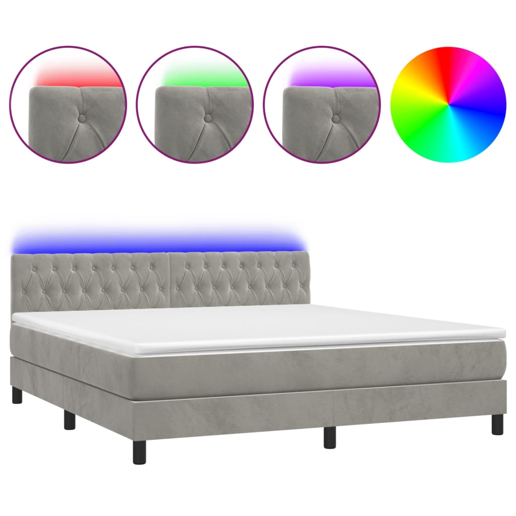 Krevet box spring s madracem LED svjetlosivi 180x200 cm baršun