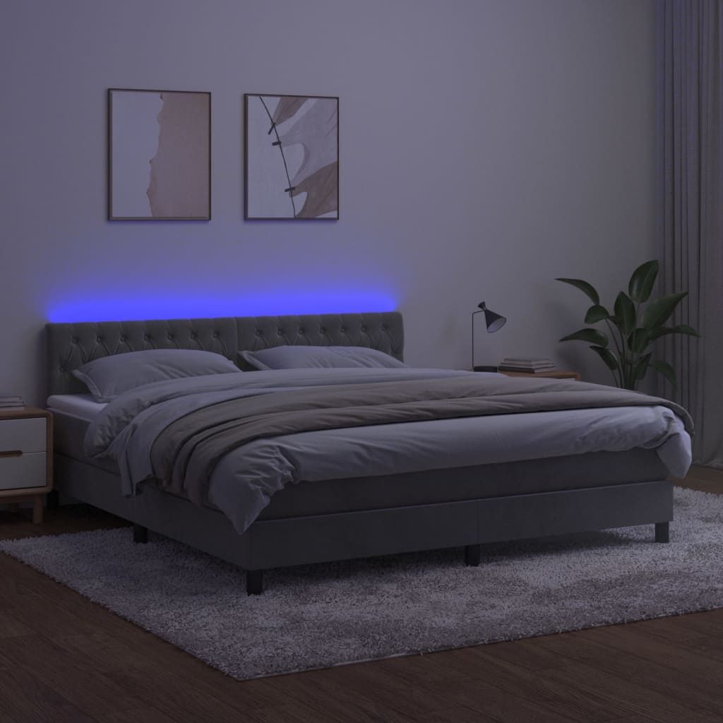 Krevet box spring s madracem LED svjetlosivi 180x200 cm baršun
