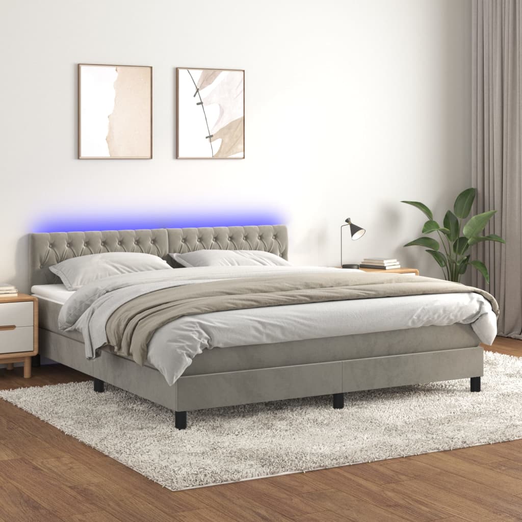 Krevet box spring s madracem LED svjetlosivi 180x200 cm baršun