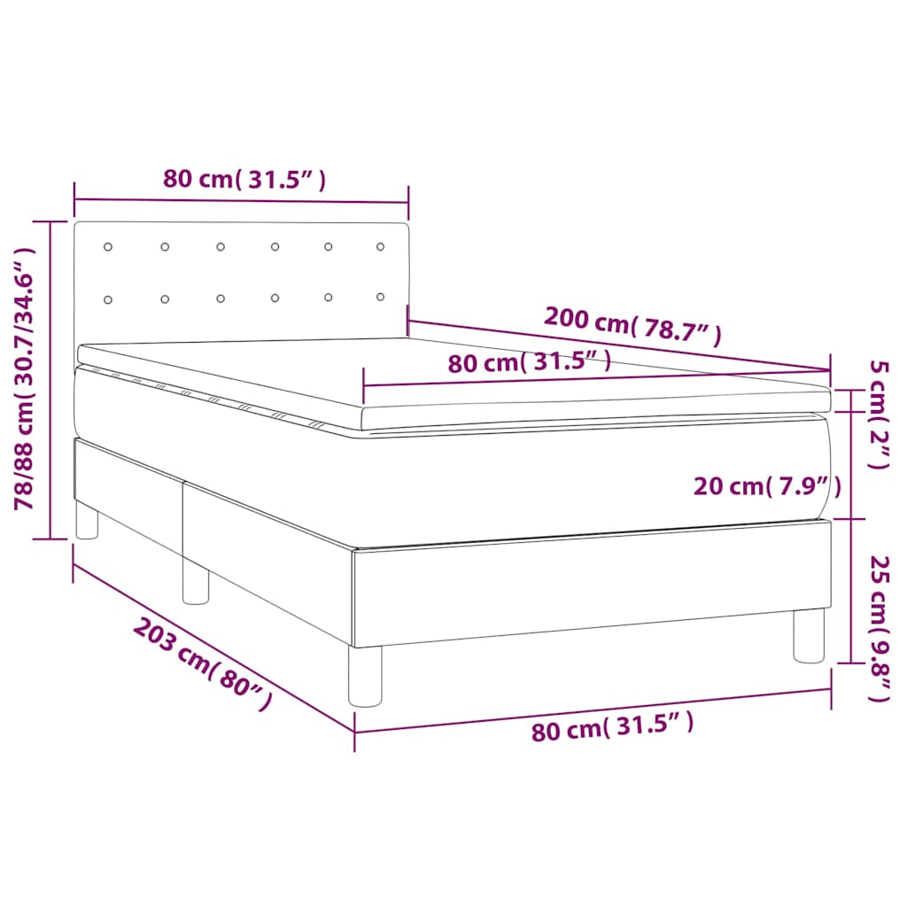 Krevet box spring s madracem LED svjetlosivi 80x200 cm baršun