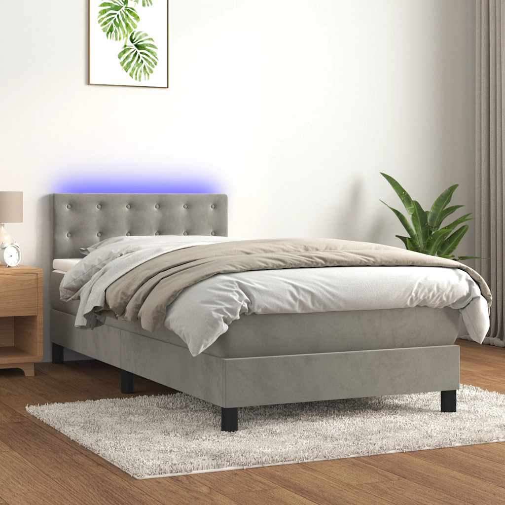 Krevet box spring s madracem LED svjetlosivi 80x200 cm baršun