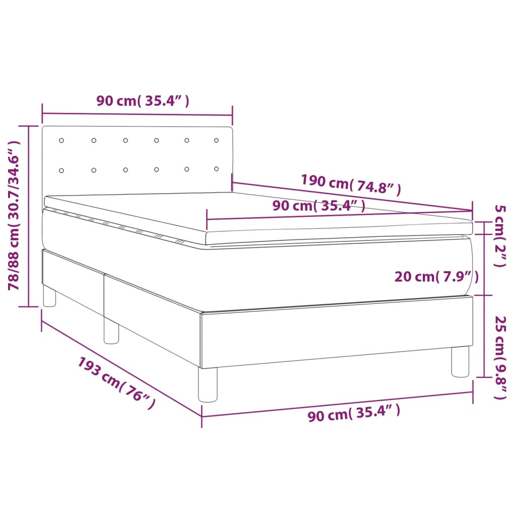 Krevet box spring s madracem LED svjetlosivi 90x190 cm baršun