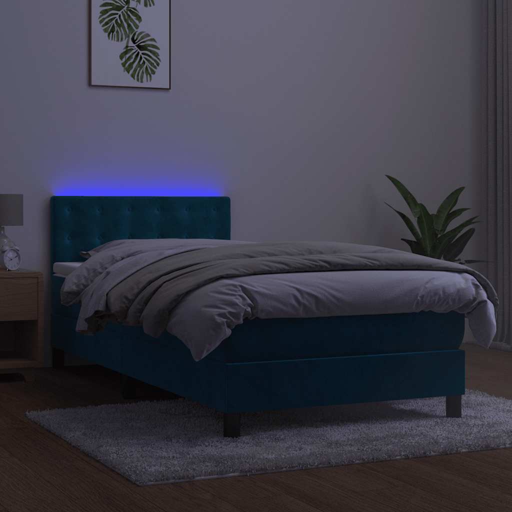 Krevet box spring s madracem LED tamnoplavi 90x190 cm baršun