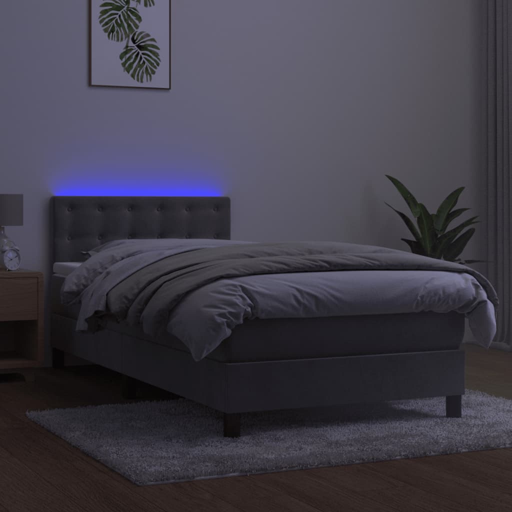 Krevet box spring s madracem LED svjetlosivi 90x200 cm baršun