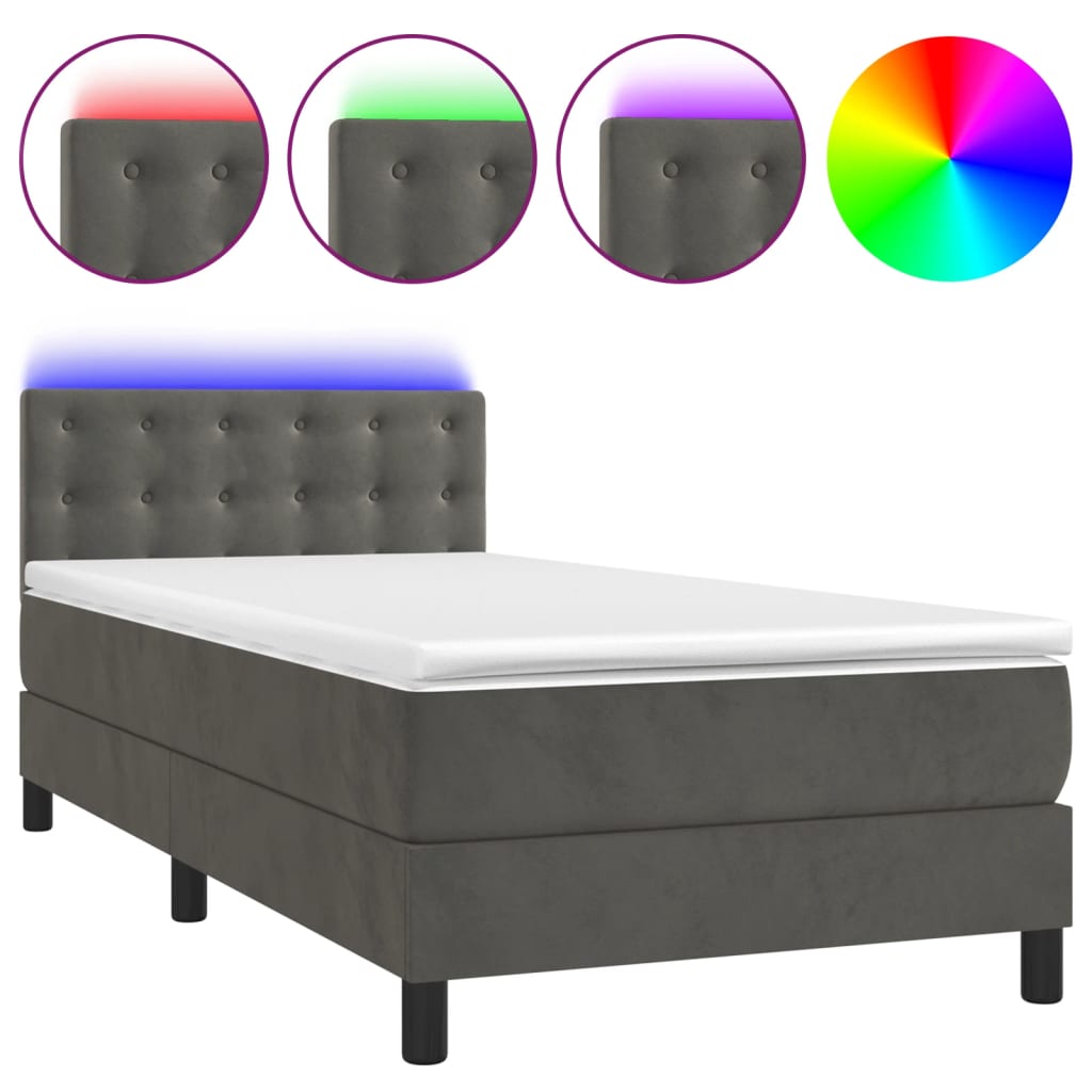 Krevet box spring s madracem LED tamnosivi 100x200 cm baršun