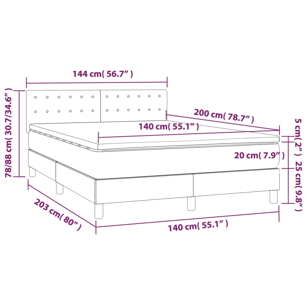 Krevet box spring s madracem LED tamnosivi 140x200 cm baršun